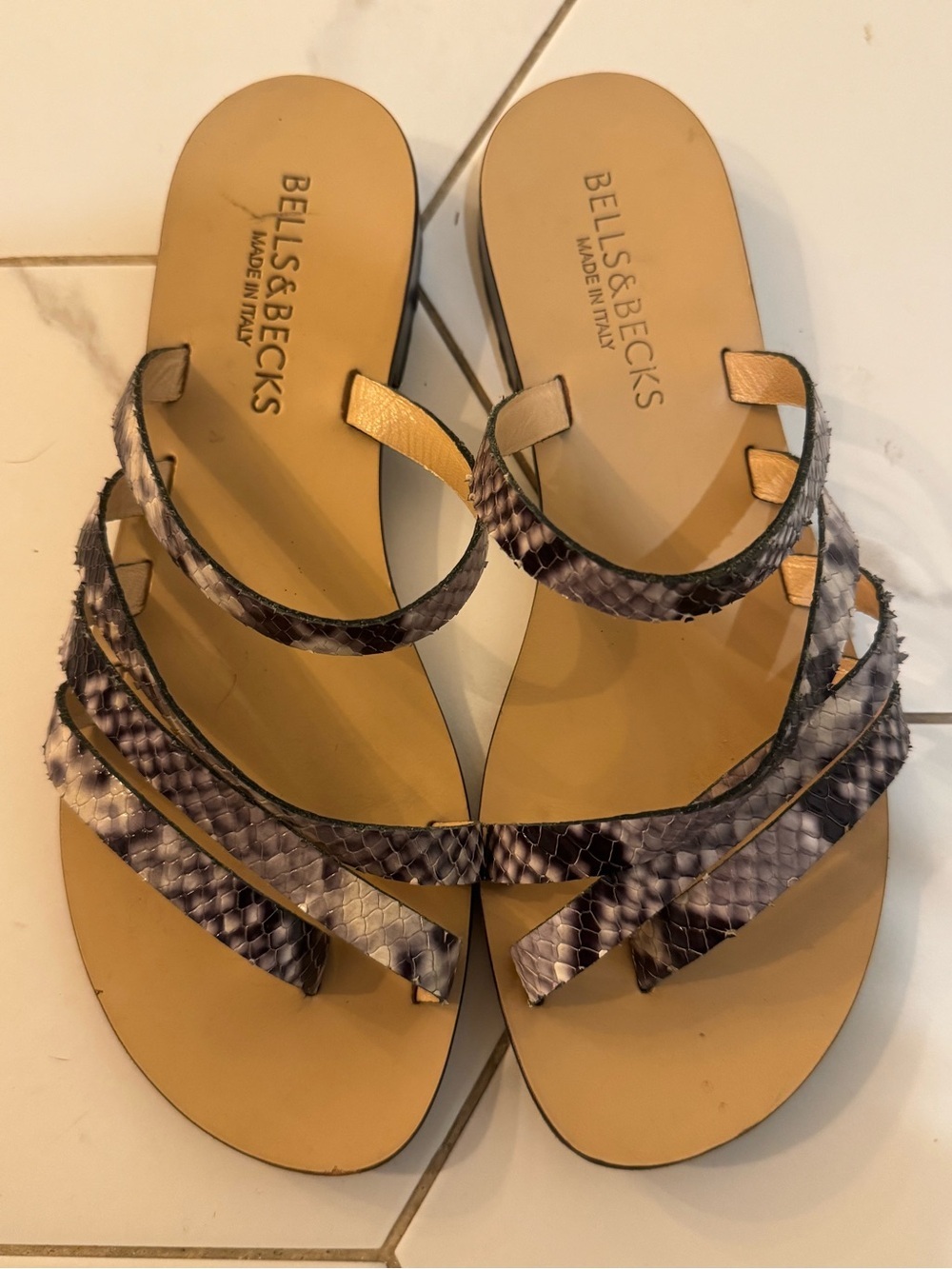 Women's Snake-Print Slide Sandals Neutral Brown Tan and Black. Italian Leather